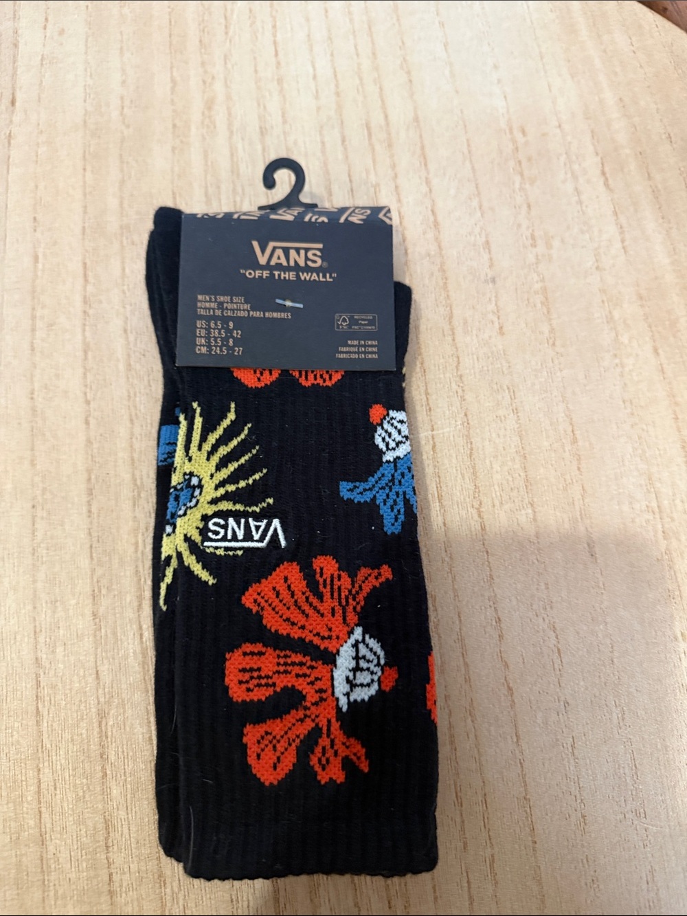 Vans Black Floral Crew Socks with Red, Blue & Yellow Accents